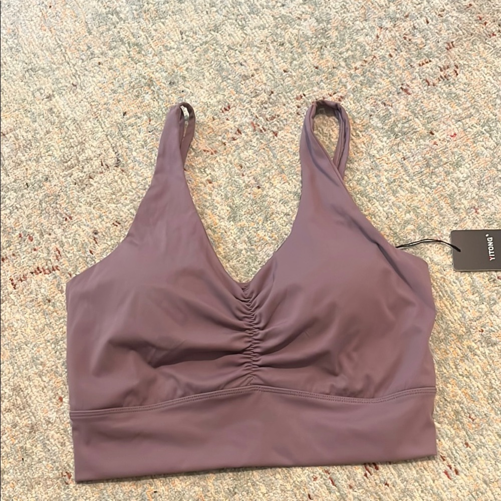 Mauve Sports Bra with Wide Straps and V-Neck